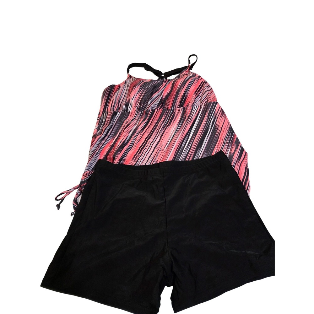 Yonique Womens Striped Tankini Set Pink Black White Blouson Top Boy Shorts NEW